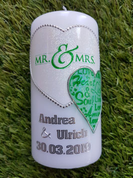 Geschenkkerze "Mr. & Mrs." HK098 Weiß-Pastellmint Holoflitter