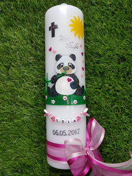 Taufkerze TK196 Panda Mädchen Schwarz-Weiß-Rosa-Pink Holoflitter & Buchstabenkette