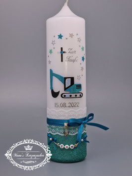 Taufkerze Bagger TK360-FU in Pastellblau-Pastellmint-Silber Holoflitter/ Flitteruntergrund Pastellblau