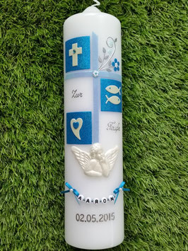Taufkerze Kreuz TK400 Hellblau-Türkis Flitter ohne Strass!