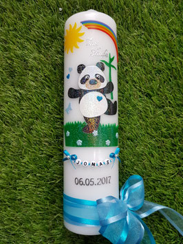 Taufkerze TK196 Panda Junge Schwarz-Weiß-Hellblau-Türkis Holoflitter / Buchstabenkette