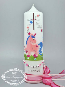 Taufkerze Einhorn TK265-2 Rosa-Pink-Türkis Holoflitter / Kreuz & Sterne