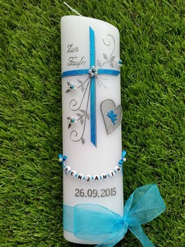 Taufkerze TK134 Herz mit Engel in Türkis Holoflitter mit Silber / Herz silber