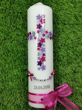 Taufkerze TK201 Kreuz Pink-Silber-Brombeerlila-Flieder Holoflitter & Kette