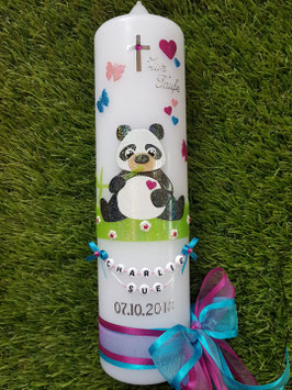 Taufkerze TK196 Panda Mädchen Schwarz-Weiß-Rosa-Pink-Türkis Holoflitter & Buchstabenkette