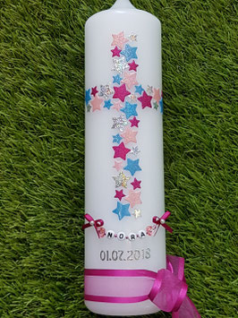 Taufkerze TK201 Kreuz Pink-Rosa-Lichtbalu-Silber Holoflitter & Kette
