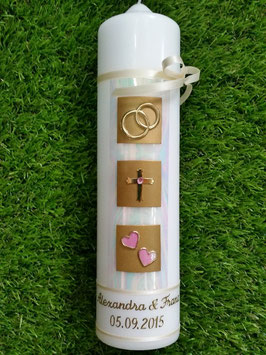 Sehr edle Hochzeitskerze HK210 Perlmutt-Creme-Rosa Gold mit Kreuz >> Symbole vertauscht !