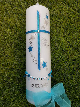 Taufkerze Kreuz mit Sterne TK190 Türkis-Silber Holoflitter /  Seite rechts leer