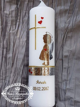 Taufkerze SK154-a SCHUTZENGEL mit Herzen in Silber-Gold-Rot Holoflitter