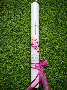 Tauf oder Kommunionkerze Fisch Herzschuppen© TK196 Rosa-Pinktöne  >> DAS ORIGINAL©" /Band Pink/Silberschrift