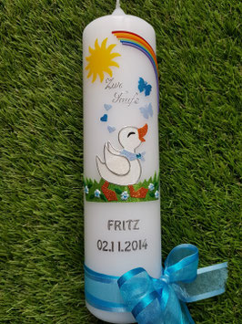 Taufkerze TK271 Gänse Junge laufend Hellblau-Türkis Holoflitter / Regenbogen / Doppelschleife