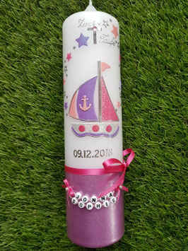 Taufkerze Boot TK314-U mit Sterne in Rosa-Flieder-Fuchsia Holoflitter