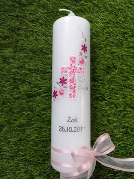 Taufkerze Kreuz Blumenwind TK230 Rosa-Pink / Schleifen Zartrosa / Silberschrift