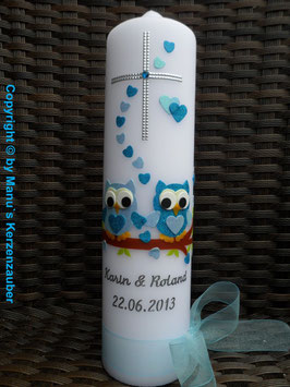 Hochzeitskerze Verliebte Eulen HK216 Türkis-Hellblau Flitter mit Kreuz!