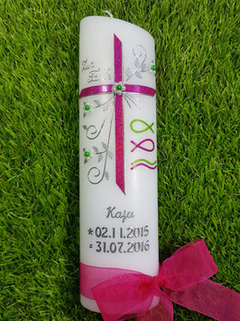Taufkerze TK137 Fisch & Wellen in Pink-Apfelgrün Flitter / Silberschrift