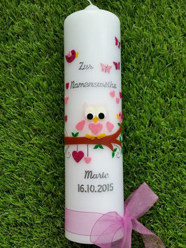 Taufkerze EULE das Original mit Silberschrift TK180 in Rosa-Creme-Pink Flitter