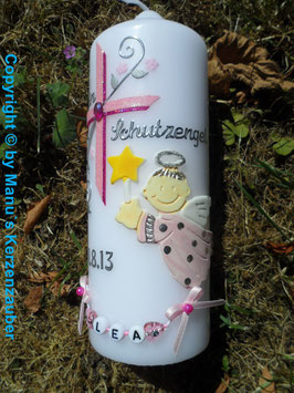 Patenkerze SK150 Schutzengel Kreuz Rosa-Pink Holoflitter / Buchstabenkette