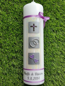 Sehr edle Hochzeitskerze HK210 Creme Marmoriert-Flieder-Silber mit Kreuz