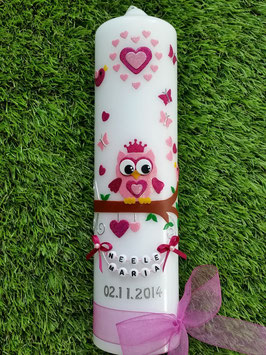 Taufkerze EULE mit Krone mit Herzen & Kette TK181 Rosa-Pink Holoflitter