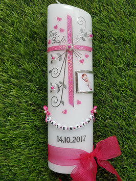 Taufkerze TK130 mit Foto & Herzen in Fuchsia Glitzer