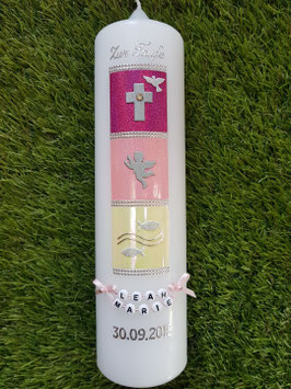 Taufkerze TK098-1 Symbole Pink-Rosa Holoflitter & Creme Marmoriert / Ohne Band!