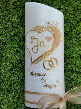 Hochzeitskerze HKS223 Herzschatten Karamel & Weiß Holoflitter mit Goldverzierung