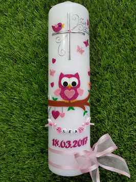 Taufkerze EULE das Original mit Kette TK181 in Pink-Rosa Holoflitter mit Satinschleife/Datum in Pink Holoflitter