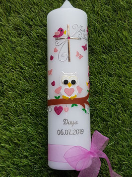 Taufkerze EULE das Original mit Silberschrift TK180 in Rosa-Creme-Pink Flitter / mit Kreuz