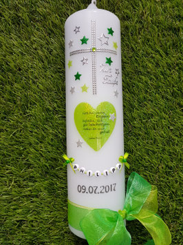 Taufkerze TK093 Herz mit Spruch & Sterne in Apfelgrün-Grasgrün Holoflitter mit Silber