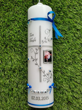 Taufkerze TK109-7 Mittelblau & Silber mit Foto