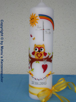 Taufkerze EULE mit Regenbogen & Kette TK181 Gelb-Rot Flitter