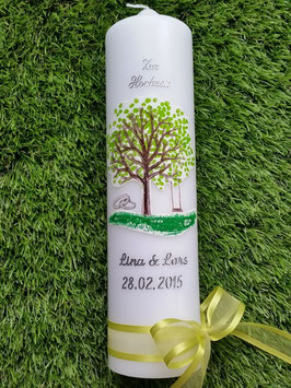 Edle Hochzeitskerze Lebensbaum HK203 Apfelgrünes Band