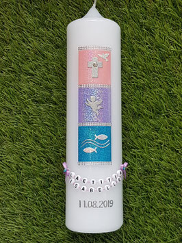 Taufkerze TK098-1 Symbole Rosa-Zartflieder-Türkis Flitter