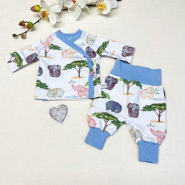 Frühchen Set Wickelshirt & Hose Gr. 42, Weiß/Hellblau Elefanten