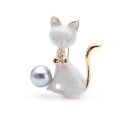 Broche Chat blanc avec une perle