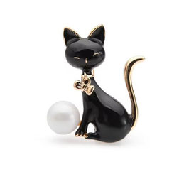 Broche Chat noir avec une perle