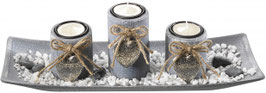 Dekoschale mit 3 Kerzenhalter Holz grau