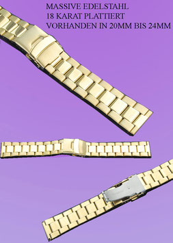 MASSIVES EDELSTAHL UHREN ARMBAND IN IP-GOLD PLATTIERT 18 MM