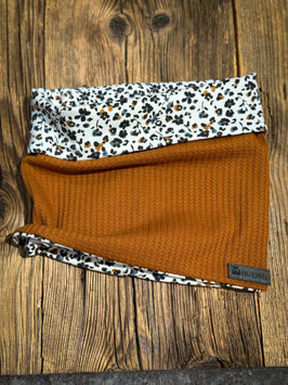 Loop aus Waffeljersey rostbraun mit Blümchen in blau und braun