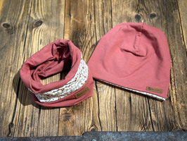 Set aus Mütze und Loop altrot mit bunten Blümchen