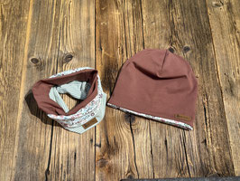 Set aus Mütze und Loop rot braun mit bunten Blümchen