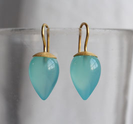 Chalcedon Spitzpampel Ohrringe mit 900 Gold, poolblaue Ohrringe mit 22k Gold