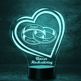 Ringe zum Hochzeitstag und Wunschtext -  personalisierte LED Lampe + Fernbedienung