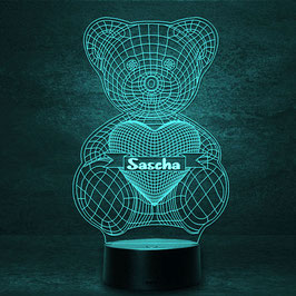 Teddybär mit Herz und Ornament, Wunschtext -  personalisierte LED Lampe + Fernbedienung