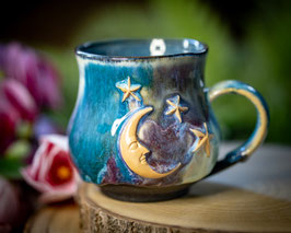 1107 - 400 ml - Keramiktasse bauchig MOND und STERNE in petrol, lila, türkis und saphirblau