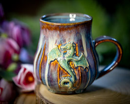 1130 - 470 ml - Keramiktasse Polygon bauchig DRACHE in braun, blau, creme - innen blau