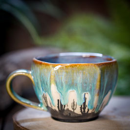 768 - 360 ml - Keramiktasse Polygonform KAKTUS in blau, türkis
