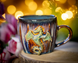 1149 - 400 ml - Cappuccino Keramiktasse DRACHE in braun, blau, creme und saphirblau