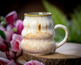 1209 - 410 ml - Keramik Wellentasse MANDALA in weiß, creme und türkis