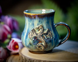 1124 - 460 ml - Keramiktasse bauchig DRACHE in braun, blau, creme und türkis